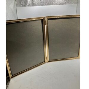 Vintage Double Picture Frame‎ Hinged Folding Tabletop Gold Tone Photo Display